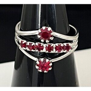 Vintage 1960s Cocktail Ring Mid Century Modern Red Rhinestone Silver Tone - 4I